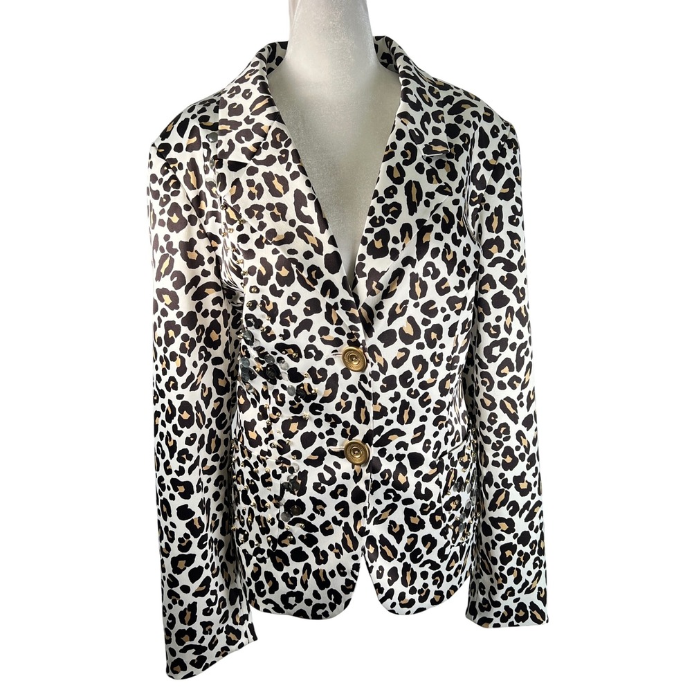 Laura Ashley Womens XL Leopard Print Embellished Blazer Sequin Studded Jacket